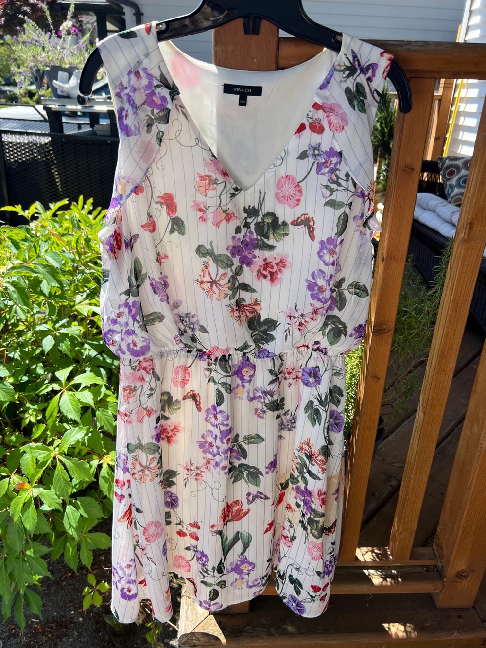 RW & Co White Floral V-Neck Midi Dress with Pink & Purple Blooms